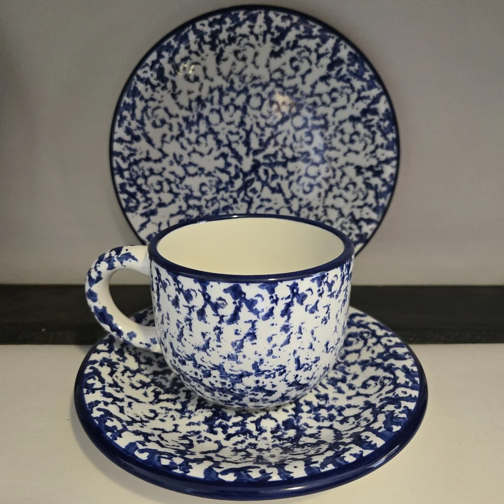 Crate & Barrel ~ Cup, Saucer and Salad Plate ~ Italy Blue Splatter Sponge Ware